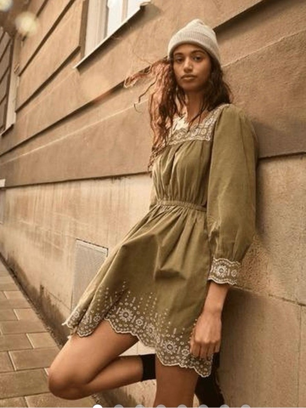 Madewell Embroidered Square Neck Corduroy Midi Dress XL Sage Cream Pockets Boho